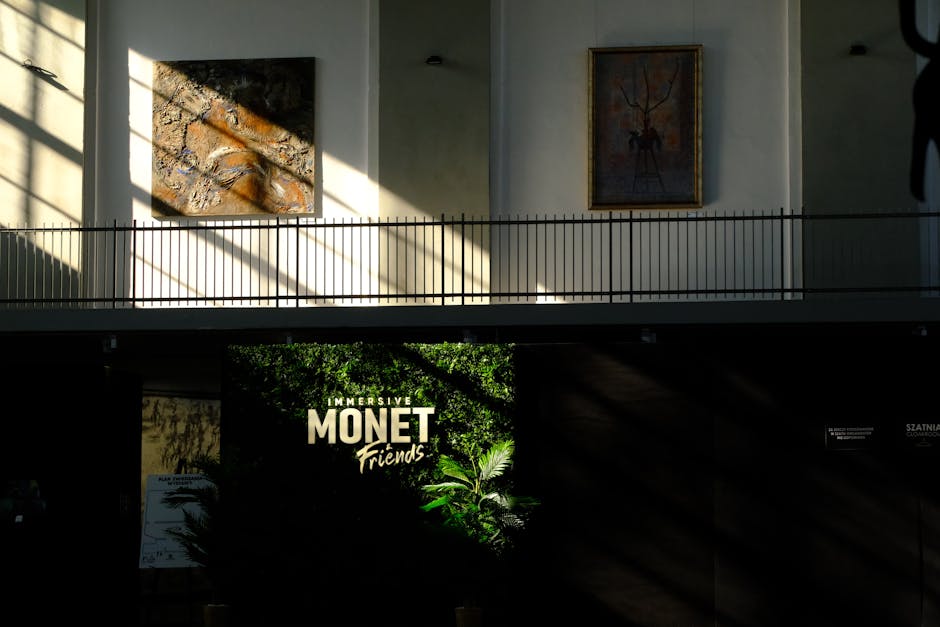 Sunlit art gallery showcasing the immersive Monet Friends exhibit signage.