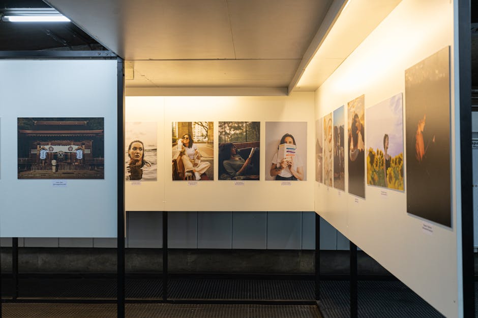 A thoughtful display of diverse photographs in a well-lit gallery exhibit.